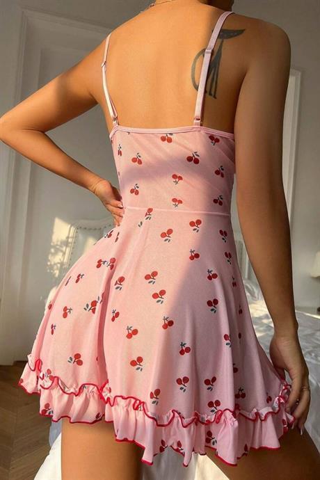 Bella Notte Pembe Kiraz Desenli Askılı Gecelik 15565
