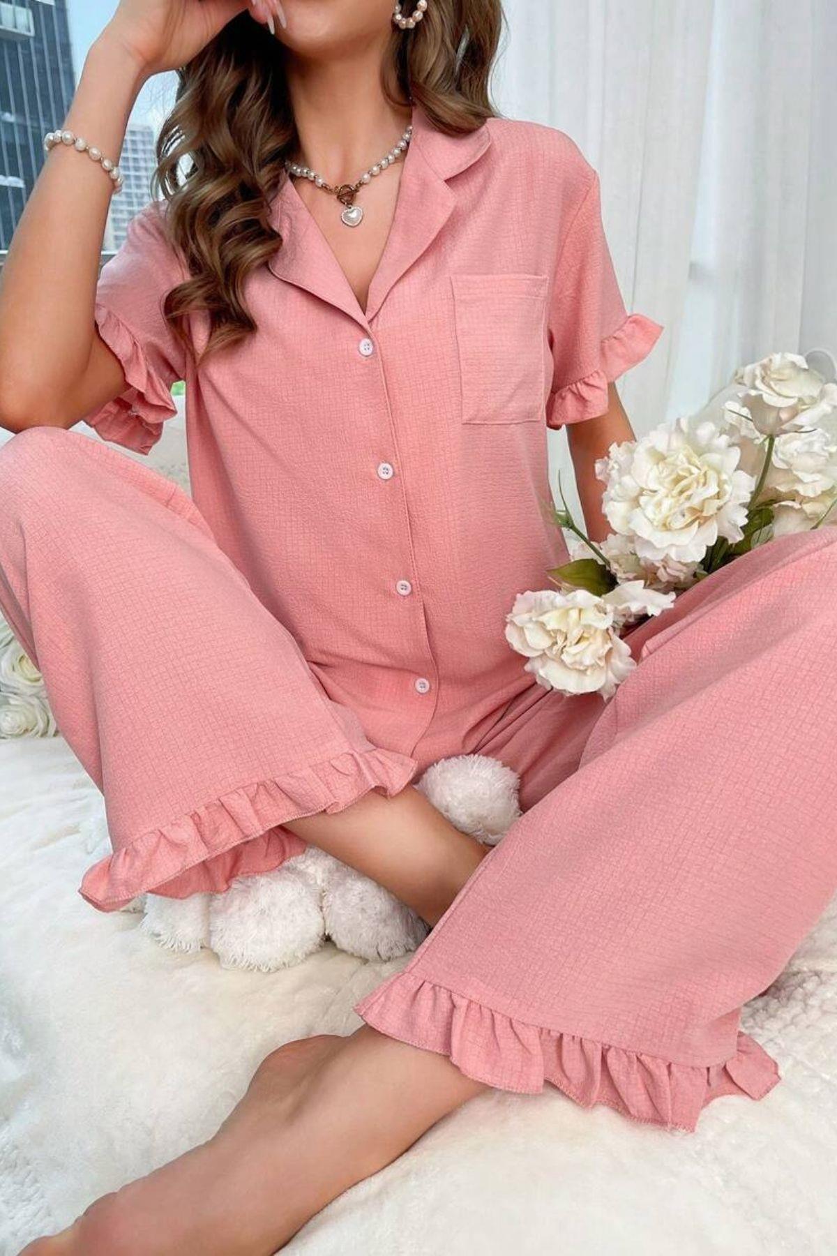 Bella Notte Pembe Kruvaze Yaka Fırfır Detaylı Pijama Takımı 7361