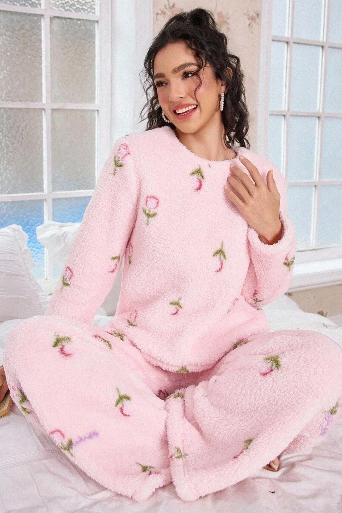 Bella Notte Pembe Pamuklu Peluş Pijama Takımı 77161