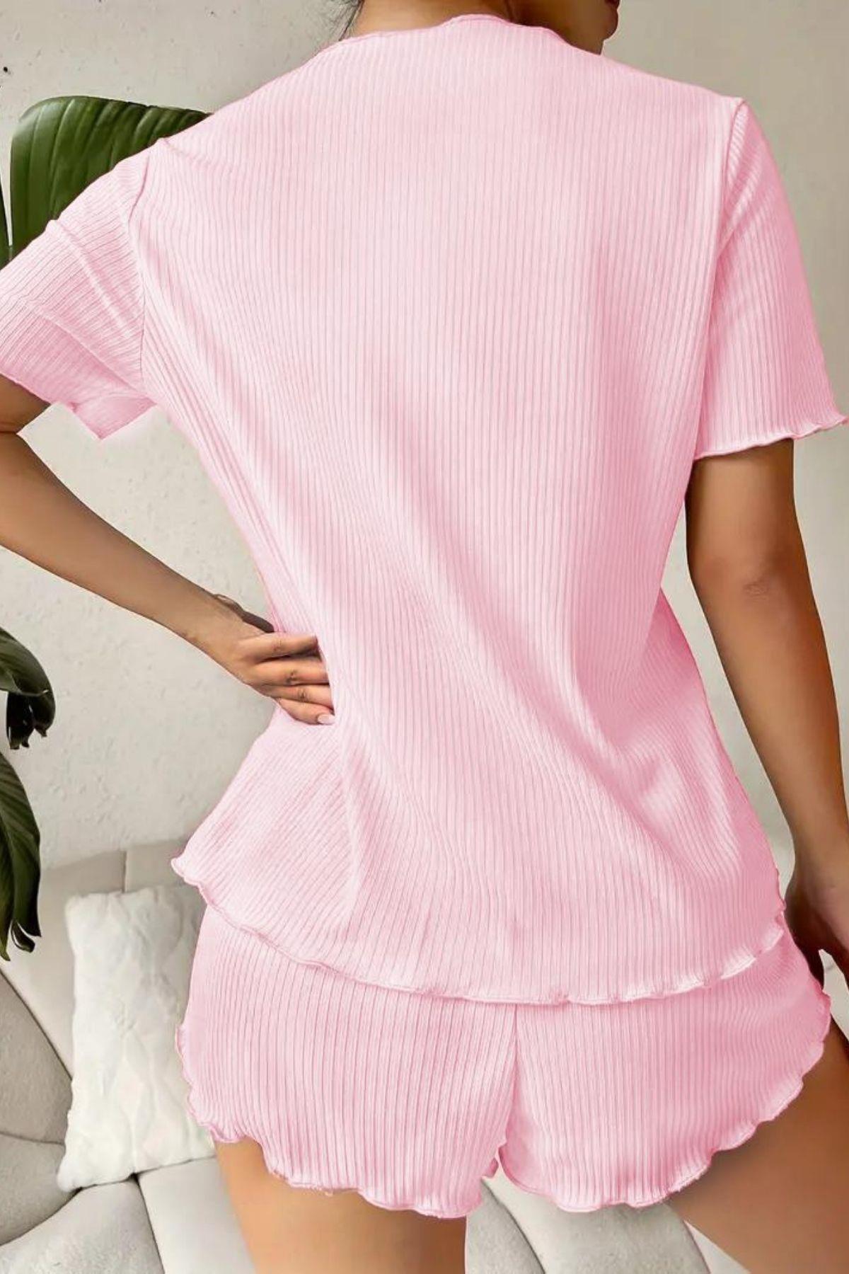 Bella Notte Pembe V Yaka Pamuklu Fiyonk Detaylı Pijama Takımı 7713