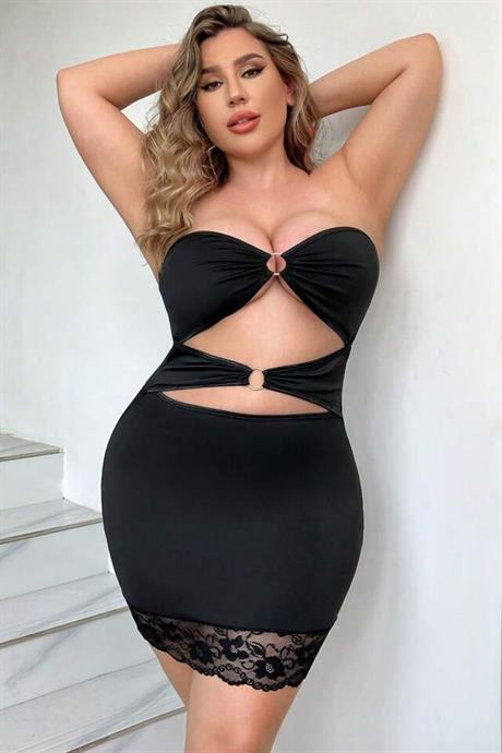 Bella Notte Siyah Büyük Beden Dekolteli Mini Elbise FN-5011