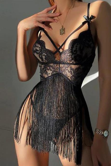 Bella Notte Siyah Dantel Detaylı Püsküllü Babydoll 15661