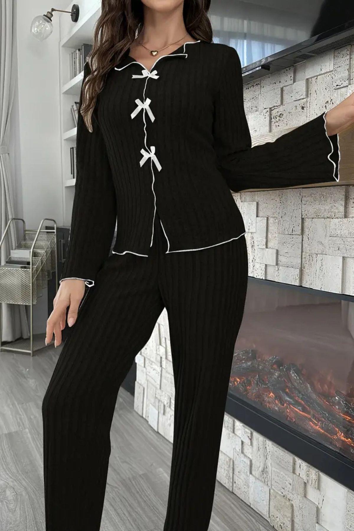 Bella Notte Siyah Pamuklu Fiyonk Detaylı Pijama Takımı 77127
