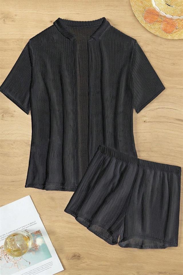 Bella Notte Siyah Yaka Detaylı Alt Üst Şort Pareo Takım 7560