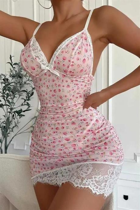 Bella Notte Toz Pembe Çiçek Desenli Mini Gecelik 15600