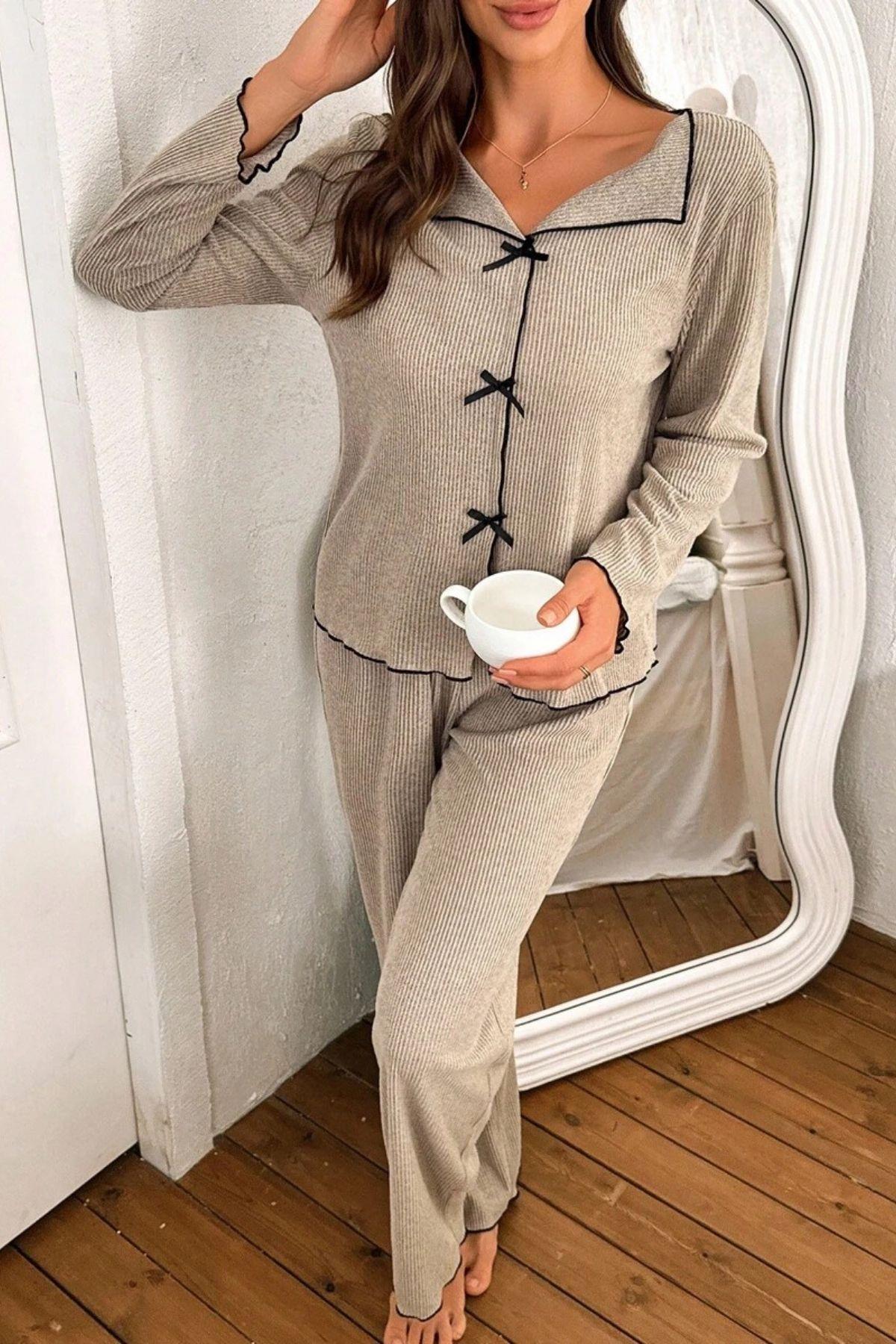 Bella Notte Vizon Pamuklu Fiyonk Detaylı Pijama Takımı 77305