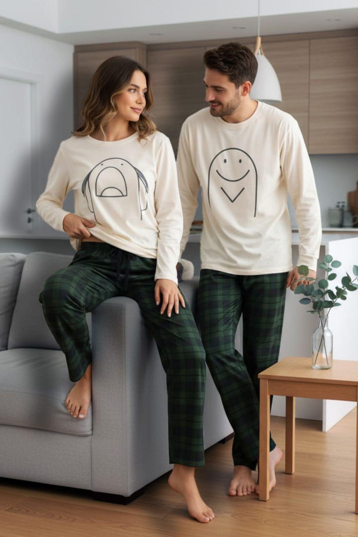 Bella Notte Yeşil Ekoseli Çöp Adam Desenli Şirin Kadın Pijama Takımı CP7577