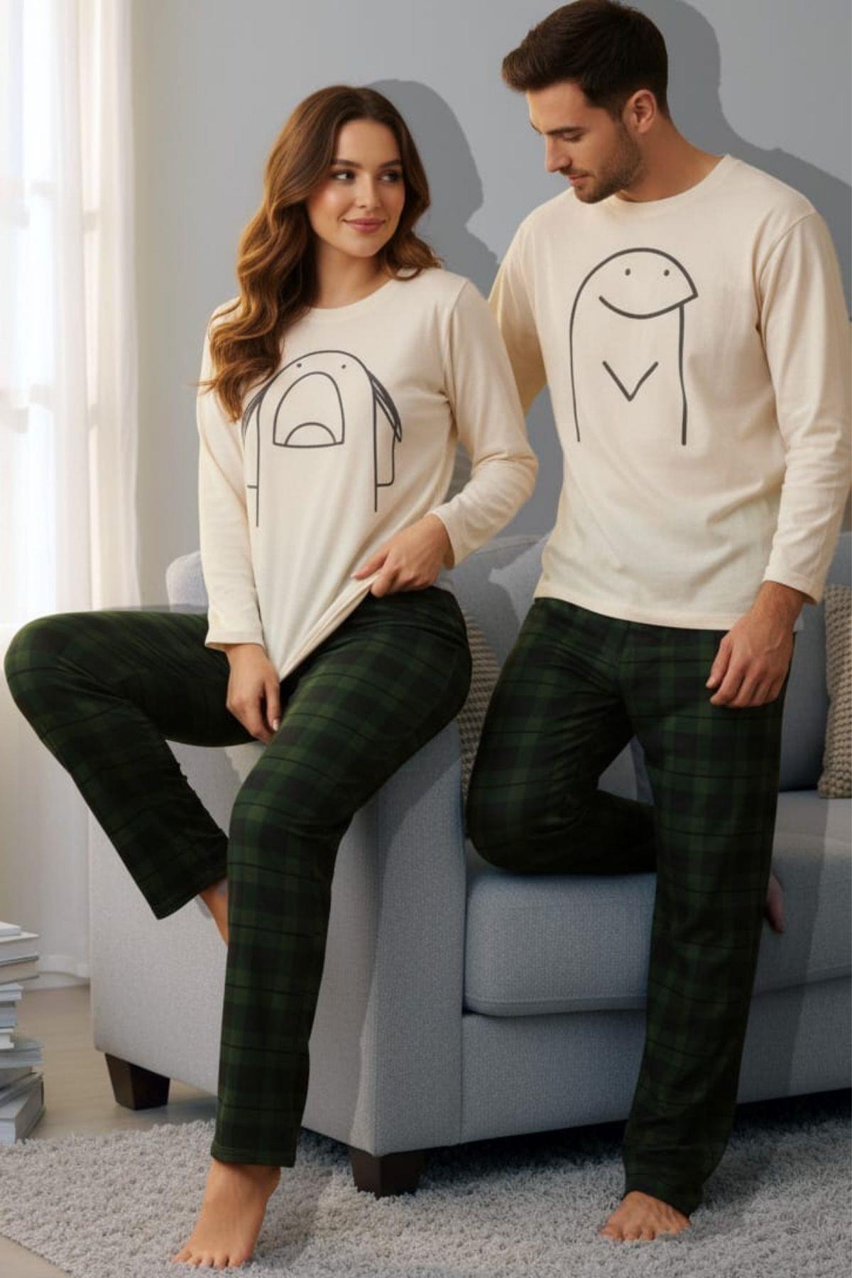 Bella Notte Yeşil Ekoseli Çöp Adam Desenli Şirin Kadın Pijama Takımı CP7577