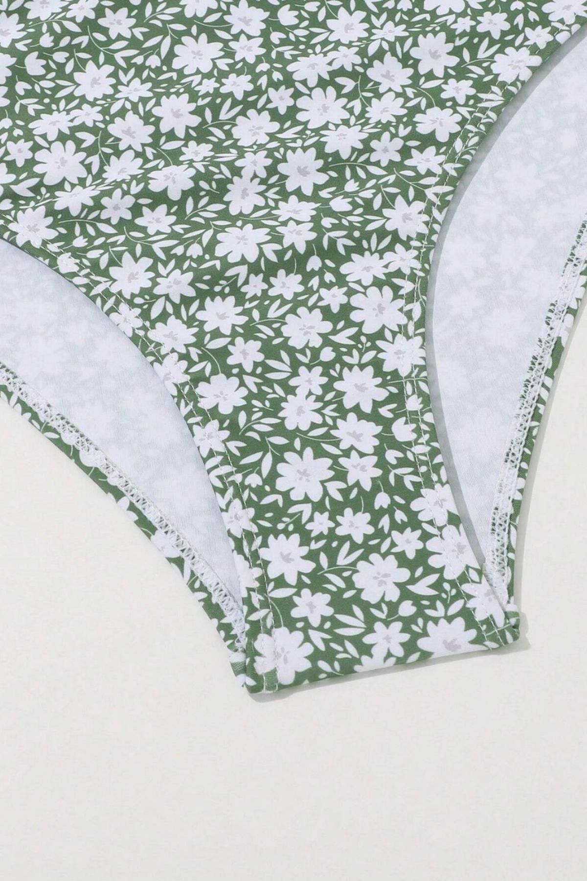 Bella Notte Yeşil Mini Papatya Desenli Etekli 3 lü Mayo Bikini Takım M-9013