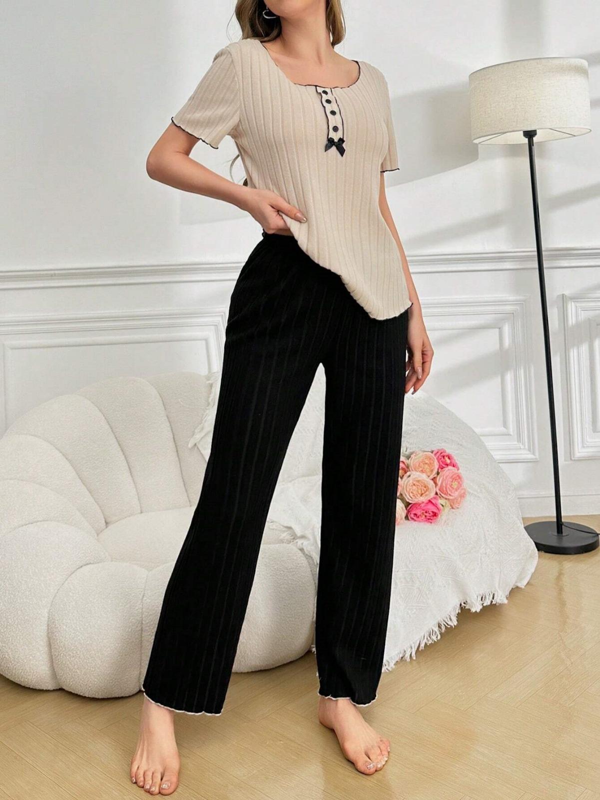 Bella Notte Siyah Kısa Kollu Kurdale Detaylı Pijama Takımı 7153