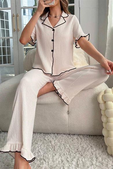 Bella Notte Açık Bej Fırfır Detaylı Gömlek Yaka Pijama Takımı 7167