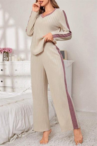 Bella Notte Bej Pamuklu V Yaka Pijama Takımı 77163