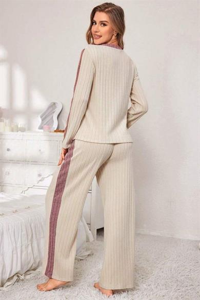 Bella Notte Bej Pamuklu V Yaka Pijama Takımı 77163