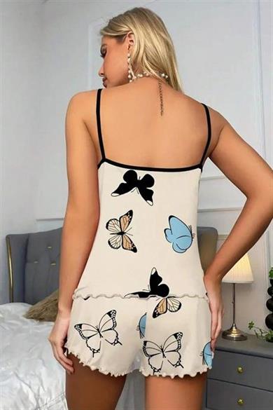 Bella Notte Bej Rengi Kelebek Desenli Şort Takım 7526