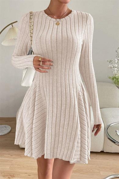 Bella Notte Bej Rengi Uzun Kollu Pamuklu Sonbahar Elbisesi E-5521