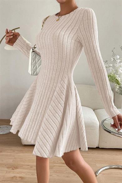 Bella Notte Bej Rengi Uzun Kollu Pamuklu Sonbahar Elbisesi E-5521