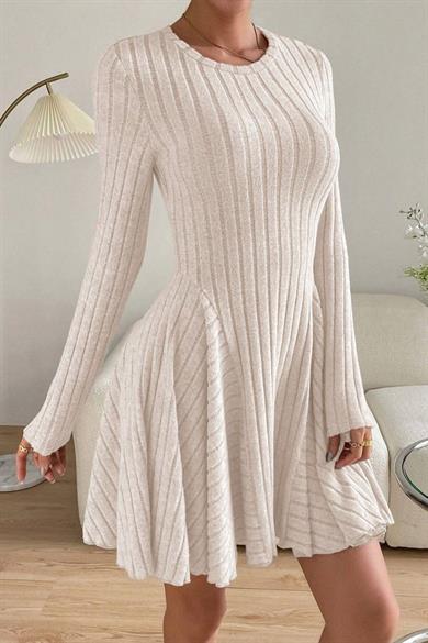 Bella Notte Bej Rengi Uzun Kollu Pamuklu Sonbahar Elbisesi E-5521