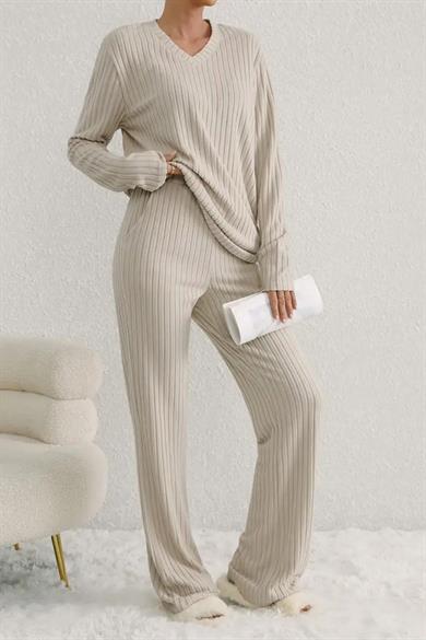 Bella Notte Bej V yaka Uzun Kollu soft Alt Üst Takım 77303