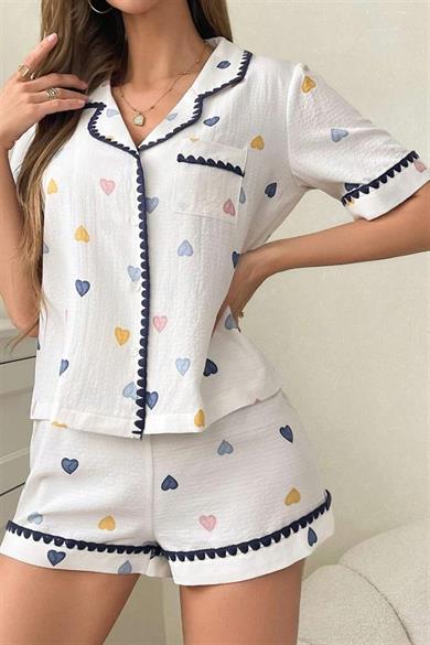 Bella Notte Beyaz- Laci Kalp Aşkı Ev Giyim Şort Takımı 7555