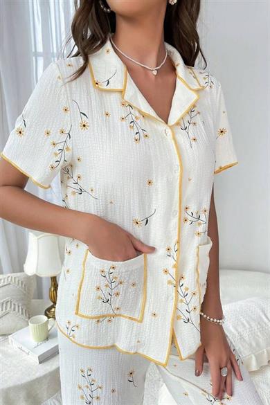 Bella Notte Beyaz Bahar Papatya Desenli Cep Detaylı Pijama Takımı 7019