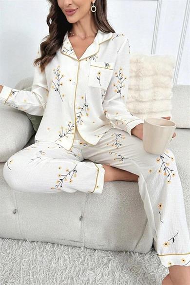 Bella Notte Beyaz Çiçek Baskılı Cep Detaylı Düğmeli Uzun Pijama Takımı 7037