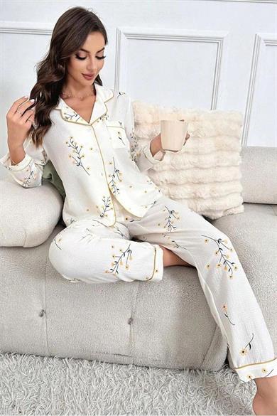 Bella Notte Beyaz Çiçek Baskılı Cep Detaylı Düğmeli Uzun Pijama Takımı 7037
