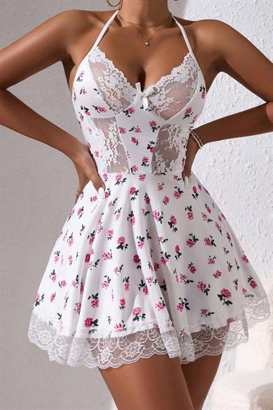 Bella Notte Beyaz Çiçek Desenli Boyundan Bağlamalı Gecelik 15769