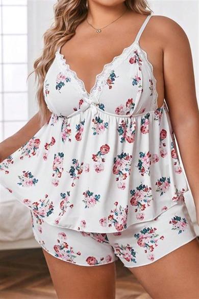 Bella Notte Beyaz Çiçek Desenli Büyük Beden Rahat Şort Takımı 7548