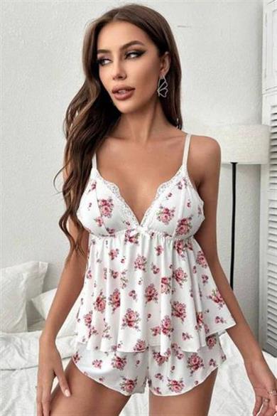 Bella Notte Beyaz Çiçek Desenli Şort Takım 7536
