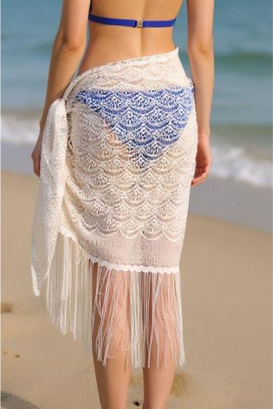 Bella Notte Beyaz Püsküllü Sarong Pareo P-3007