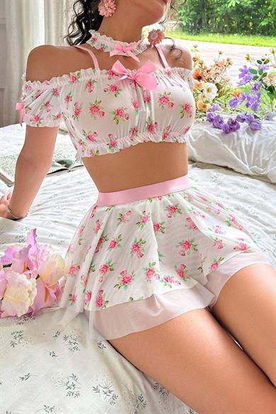 Bella Notte Beyaz Romantik Çiçek Desenli Etekli Büstiyer Takım 19511