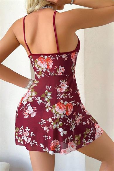 Bella Notte Bordo Çiçek Desenli Askılı Mini Gecelik 15949