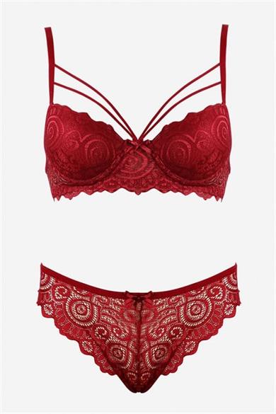 Bella Notte Bordo Dantelli Çift İp Detaylı Şık Sütyen Takım 19007