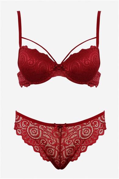 Bella Notte Bordo Dantelli Tek İp Detaylı Şık Sütyen Takım 19018