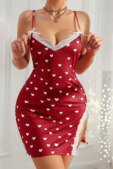 Bella Notte Bordo Kalp Desenli Yırtmaçl Miniı Gecelik 15921