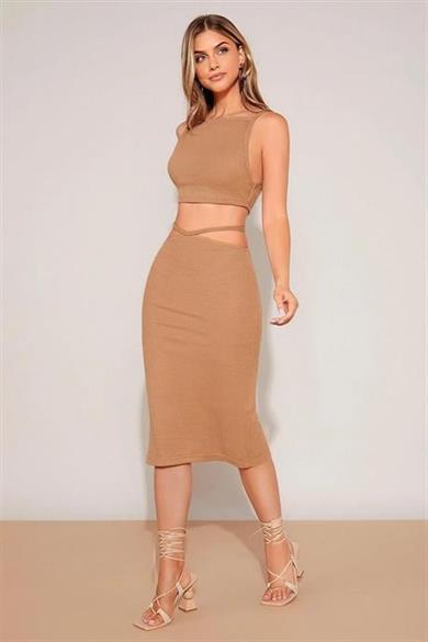 Bella Notte Cappuccino Belden İp Detaylı Etek Crop Takım BN6575C