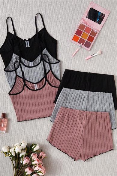 Bella Notte Çok Renkli 3 Renk 6 Parça Pamuklu Şort Pijama Takımı 7579