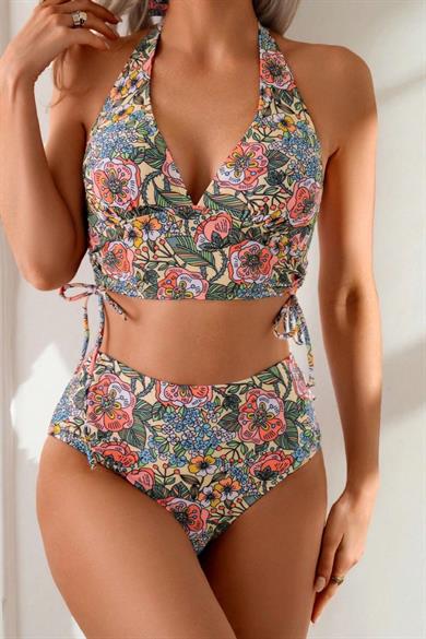Bella Notte Çok Renkli Çiçek Bahçesi Yüksel Bel Bikini Takım M-9023