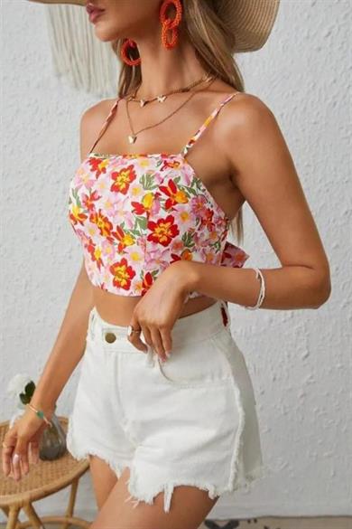 Bella Notte Çok Renkli Retro Çiçekli Askılı Crop B-5510