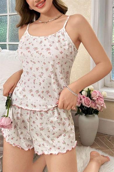 Bella Notte Ekru Bahar Esintisi Askılı Şort Takım 7721