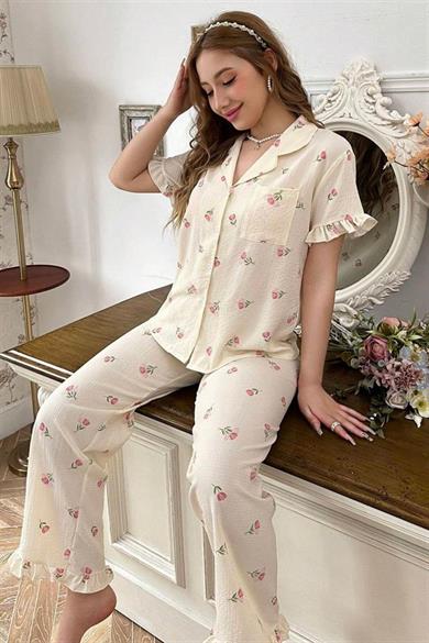 Bella Notte Ekru Çiçek Desenli Yakalı Pijama Takımı 7036