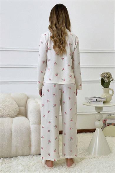 Bella Notte Ekru Desenli Düğmeli Uzun Pijama Takım 7085