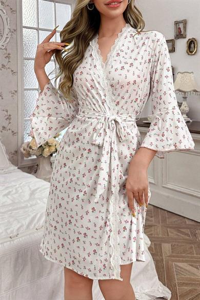 Bella Notte Ekru Desenli Pamuklu Sabahlık 9661