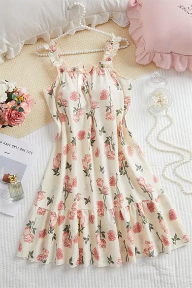 Bella Notte Ekru Gül Desenli Gecelik Elbise 35527