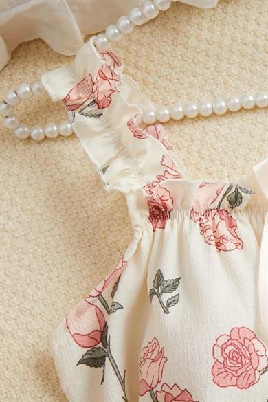 Bella Notte Ekru Gül Desenli Gecelik Elbise 35527