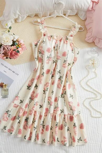 Bella Notte Ekru Gül Desenli Gecelik Elbise 35527