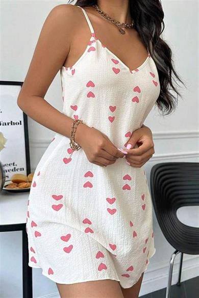 Bella Notte Ekru Kalp Desenli Sevgi Dolu Gecelik 15716