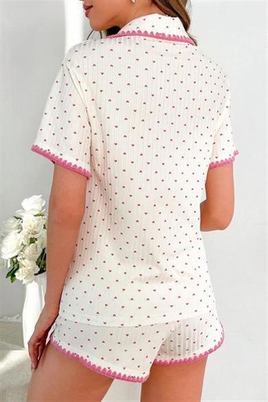 Bella Notte Ekru Pembe Kalp Desenli Şort Takım 7531