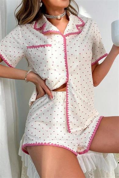 Bella Notte Ekru Pembe Kalp Desenli Şort Takım 7531