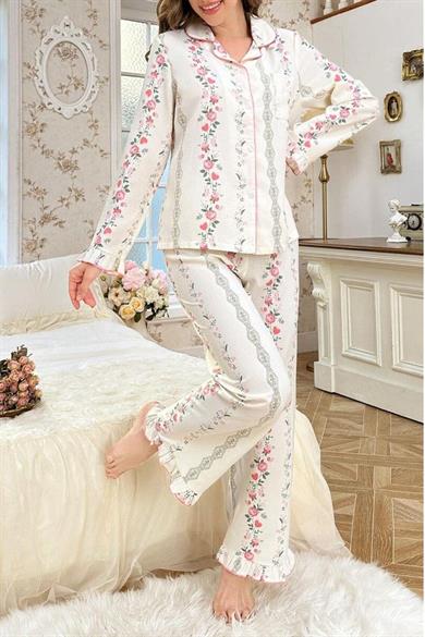 Bella Notte Ekru Pembe Minimal Çiçek Desenli Vintage Pijama Takımı 77300